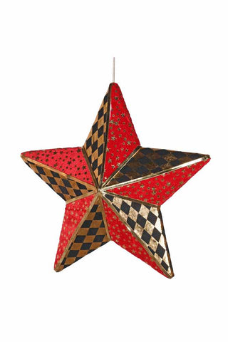 Image of the Black, Gold & Red Checkered Star Christmas Decoration on a white background