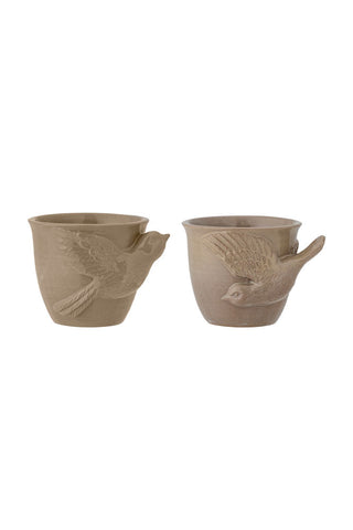 Image of the Set Of 2 Taupe Bird Mugs on a white background