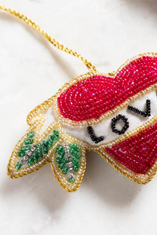 Close-up of the Love Heart Beaded Hanging Christmas Tree Decoration.