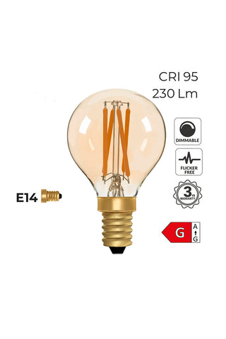 Cutout image of Golf Ball E14 4W Amber LED Light Bulb with additional information about the product. 