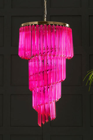 Lifestyle image of the 3-Tier Hot Pink Glass Chandelier