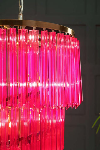 Close-up image of the 3-Tier Hot Pink Glass Chandelier