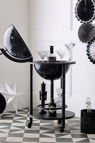 Image of the All-Black Disco Ball Drinks Trolley Cart with bottles and party decorations 