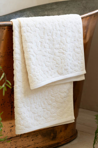 Close up of the Leopard Jacquard Towel in Almond. 