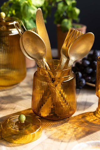 Image of the Amber Ribbed Glass Storage Jar - Short