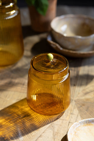 Detail image of the Amber Ribbed Glass Storage Jar - Short