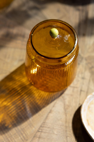 Image of the lid on the Amber Ribbed Glass Storage Jar - Short