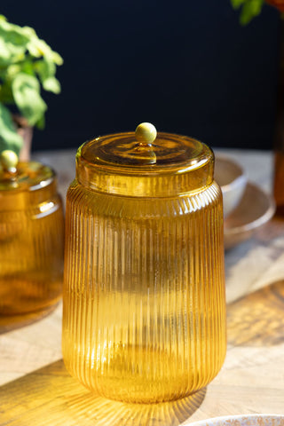 Image of the Amber Ribbed Glass Storage Jar - Tall