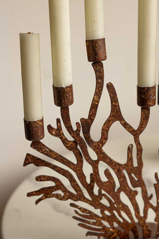Close-up image of the Antique Coral 7 Candle Candelabra
