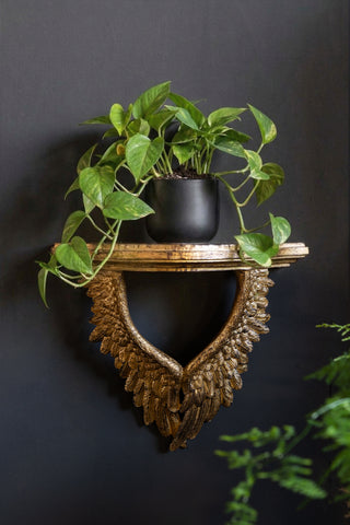 Lifestyle image of the Antiqued Gold Angel Wings Wall Shelf