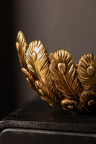 Close-up of the detail of the Antique-Style Gold Peacock Decorative Display Bowl.