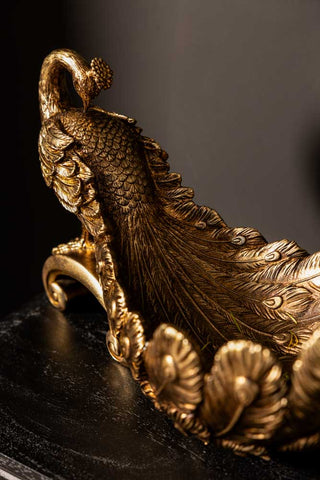 Close-up of the inside of the Antique-Style Gold Peacock Decorative Display Bowl.