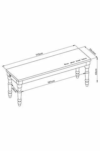 A measurements diagram drawing of the Apothecary Bench. 