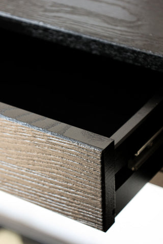 Close-up image of the Black Wood & Metal Desk With Two Drawers