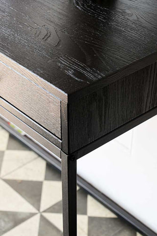 Detail image of the Black Wood & Metal Desk With Two Drawers
