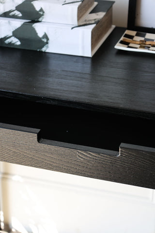 Image of the finish for the Black Wood & Metal Desk With Two Drawers