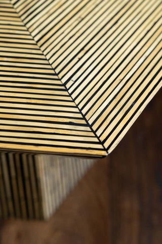 Close up of bamboo inlay hexagon coffee table corner and inlay