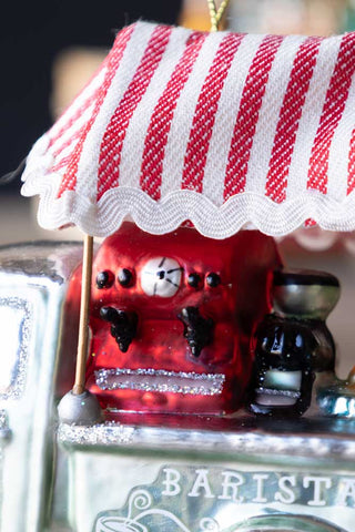 Close-up image of the Barista Glass Christmas Tree Decoration