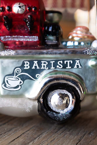 Image of the writing on the Barista Glass Christmas Tree Decoration