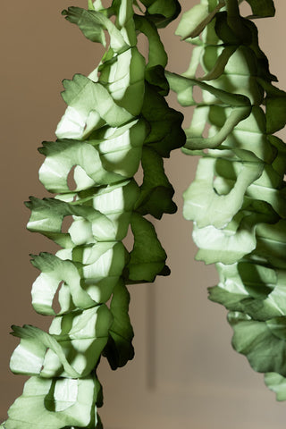 Close-up of the Beautiful Handcrafted Classic Paper Garland in Moss Green shown draped against a neutral wall. 