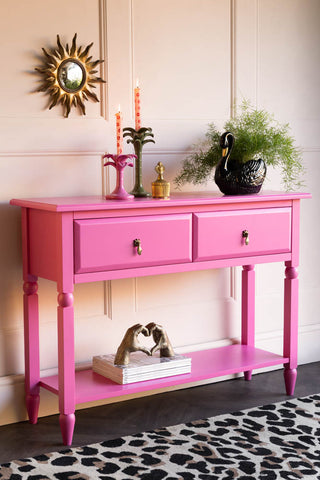 Lifestyle image of the Beautiful Hot Pink Console Table