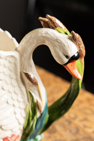 Close-up of the face/handle of the Beautiful Painted Swan Jug.