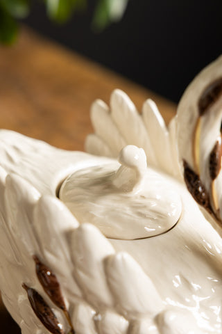 Close-up of the lid on the Beautiful Painted Swan Teapot.