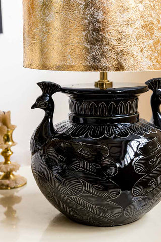 Close-up image of the Beautiful Peacock & Gold Leaf Effect Table Lamp