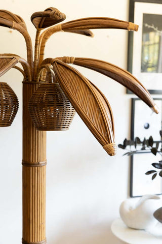 Close-up image of the Beautiful Rattan Palm Tree Floor Lamp