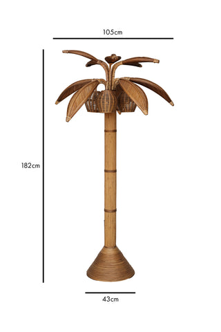 Cutout image of beautiful rattan palm tree floor lamp on a white background with dimensions. 