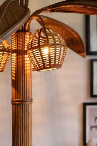 Close-up image of the Beautiful Rattan Palm Tree Floor Lamp on