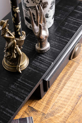The black top on the Black Apothecary Desk With 3 Drawers. 