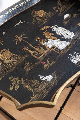 Close-up image of the Black Chinoiserie-style Deco Tray Table