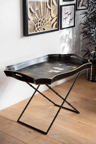 Image of the Black Chinoiserie-style Deco Tray Table in a living room setting