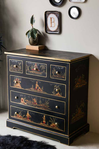 Lifestyle image of the Black Chinoiserie-style Deco 6 Drawer Chest