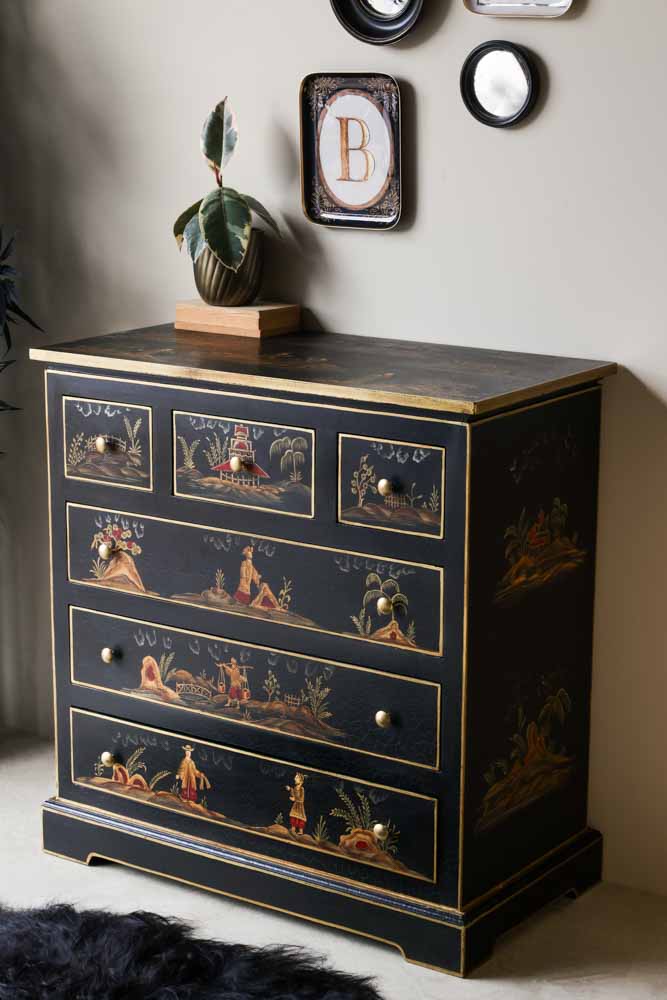 Black Chinoiserie-style Deco 6 Drawer Chest | Rockett St George