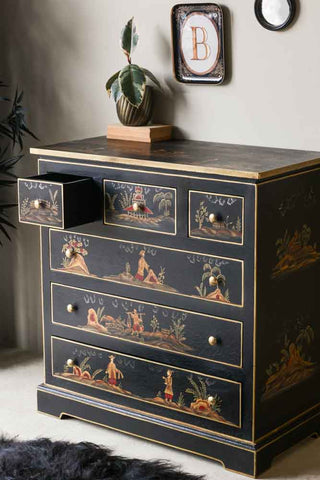 Image of the Black Chinoiserie-style Deco 6 Drawer Chest