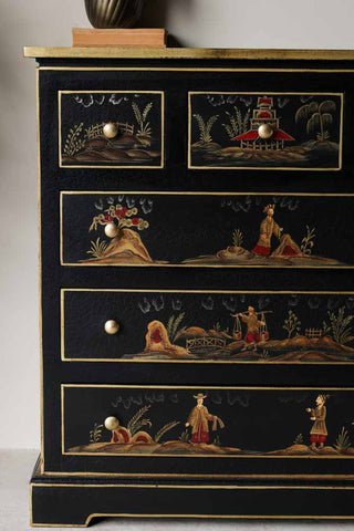 Detail image of the Black Chinoiserie-style Deco 6 Drawer Chest