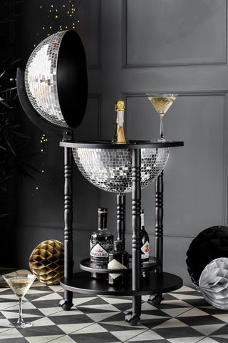 Image of the silver and black leg disco trolley with an open top showing storage space for glasses and bottles.