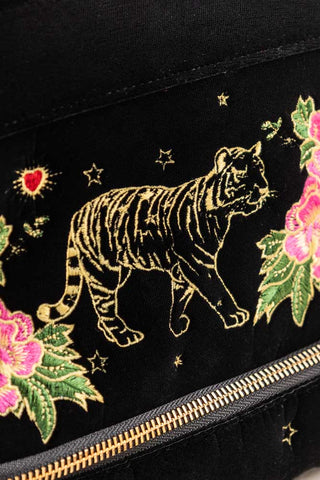 Close-up image of the Black Embroidered Tiger Velvet Wash Bag