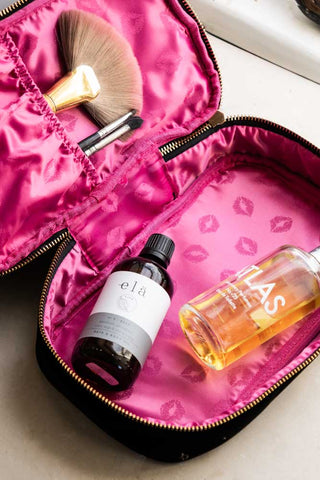 Image of the inside of the Black Embroidered Tiger Velvet Wash Bag