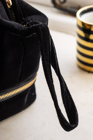 Detail image of the Black Embroidered Tiger Velvet Wash Bag