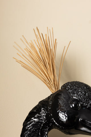 Close-up of the feather detail on the Black & Gold Peacock Wall Art.