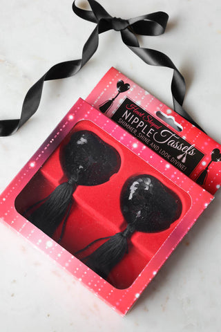 Image of the Black Heart Sequin Nipple Tassels in the box