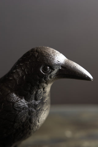 Close-up of the Black Raven Cast Iron Doorstop.