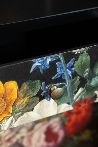 Detail of the drawer of the Black Still Life Floral Bedside Table. 