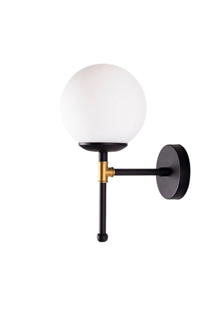 Cutout image of the Black Metal Globe Wall Light on a white background. 