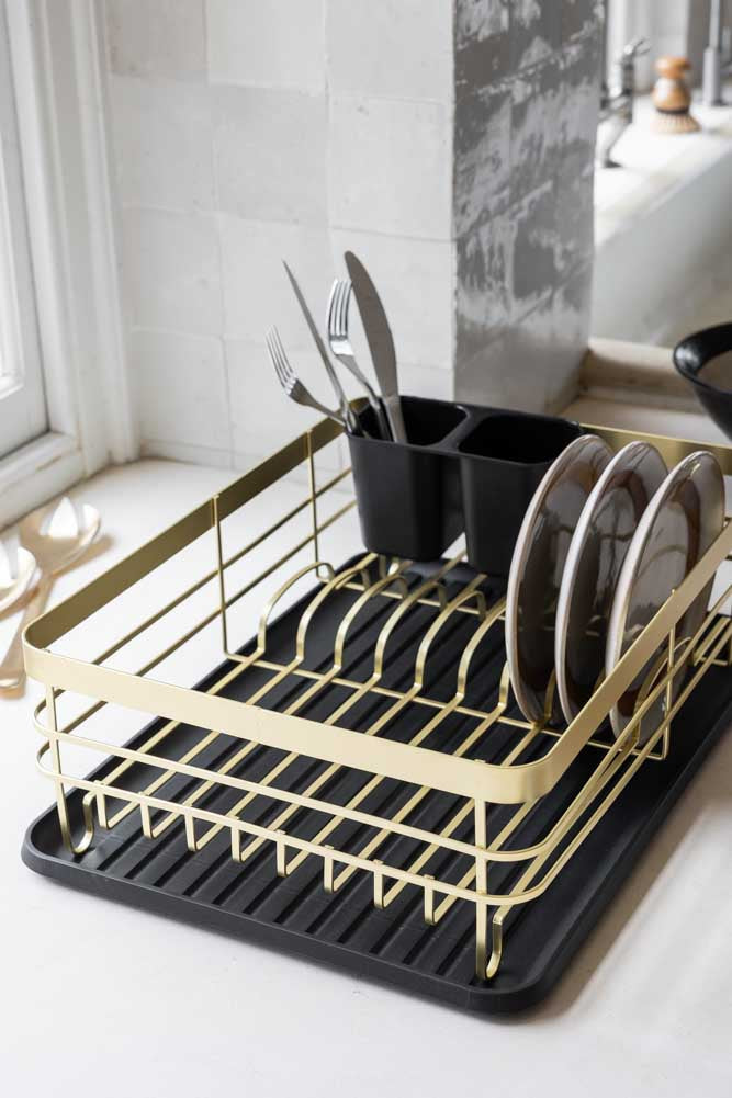 Low Antique Brass Gold Dish Rack with Tray, Metal Wire Washing Up Plates  Drainer