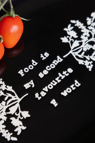 Close-up of the text on the Black & Gold Floral F Word Serving Platter.