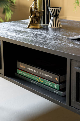 The centre shelf space of the Black & Gold Ringo Storage Coffee Table.